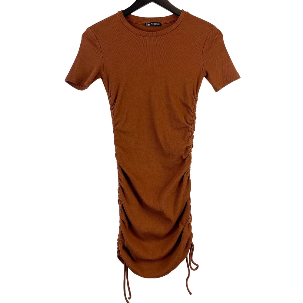 Zara Womens (M) Ribbed Ruched Scrunch Mini Fitted TShirt Dress Brown